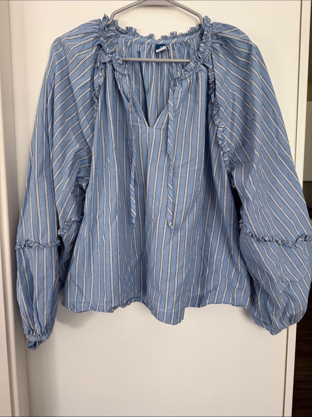 Old Navy Light Blue & White Striped Peasant Blouse